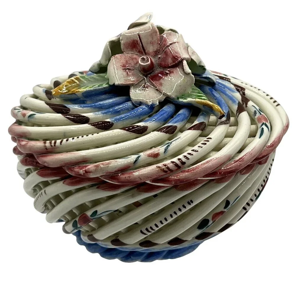 Vtg Hand Painted Spanish Porcelain Trinket Box Twig Style Basket Bloomcore Spain